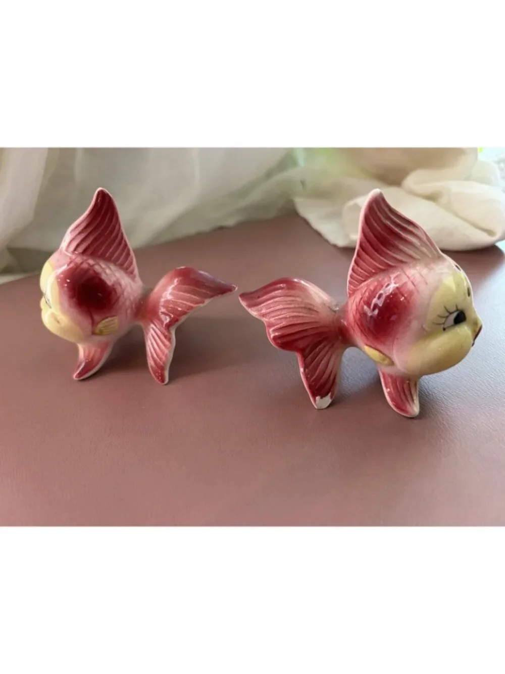 Vintage Japan Ceramic Anthropomorphic Gold Fish Salt Pepper Shakers Mid Century